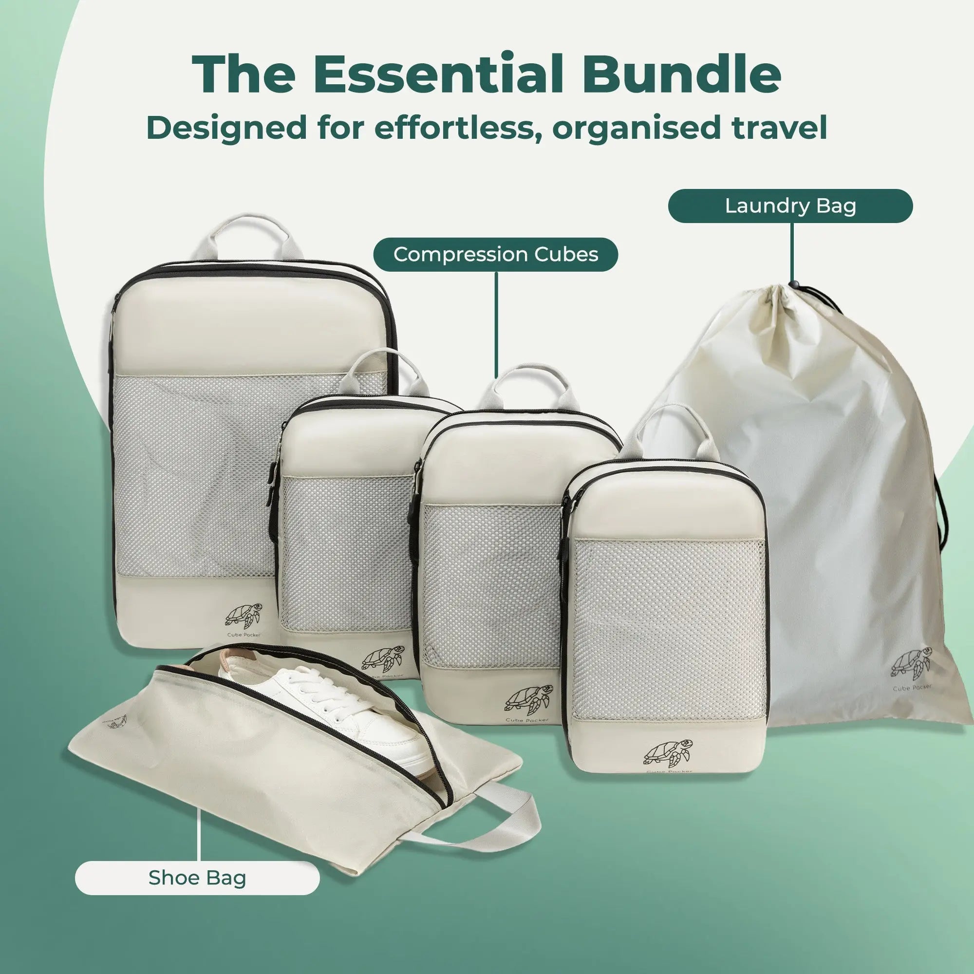 Cube Packer Essential Packing Cubes Bundle including compression packing cubes, shoe bag and laundry bag in cream for organised travel