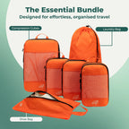 Cube Packer Essential Packing Cubes Bundle including compression packing cubes, shoe bag and laundry bag in orange for organised travel