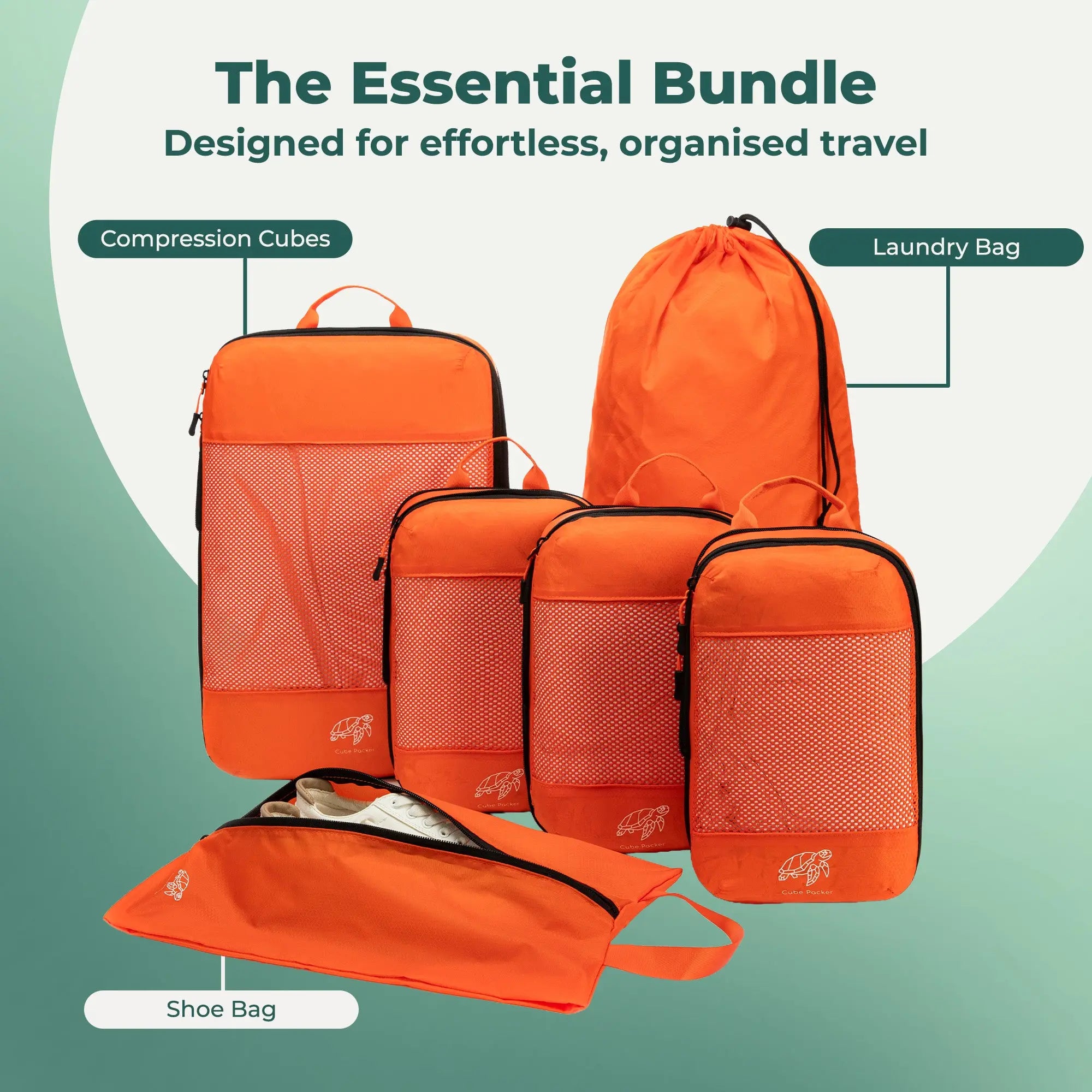 Cube Packer Essential Packing Cubes Bundle including compression packing cubes, shoe bag and laundry bag in orange for organised travel