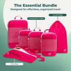 Cube Packer Essential Packing Cubes Bundle including compression packing cubes, shoe bag and laundry bag in pink for organised travel