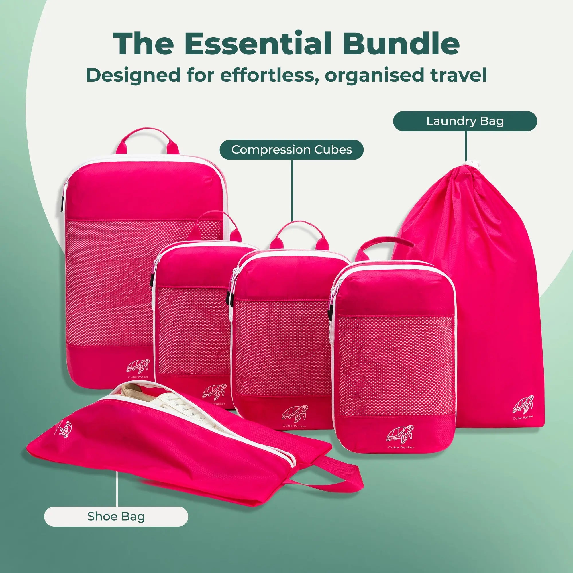 Cube Packer Essential Packing Cubes Bundle including compression packing cubes, shoe bag and laundry bag in pink for organised travel