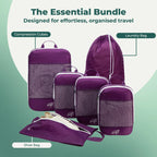 Cube Packer Essential Packing Cubes Bundle including compression packing cubes, shoe bag and laundry bag in purple for organised travel