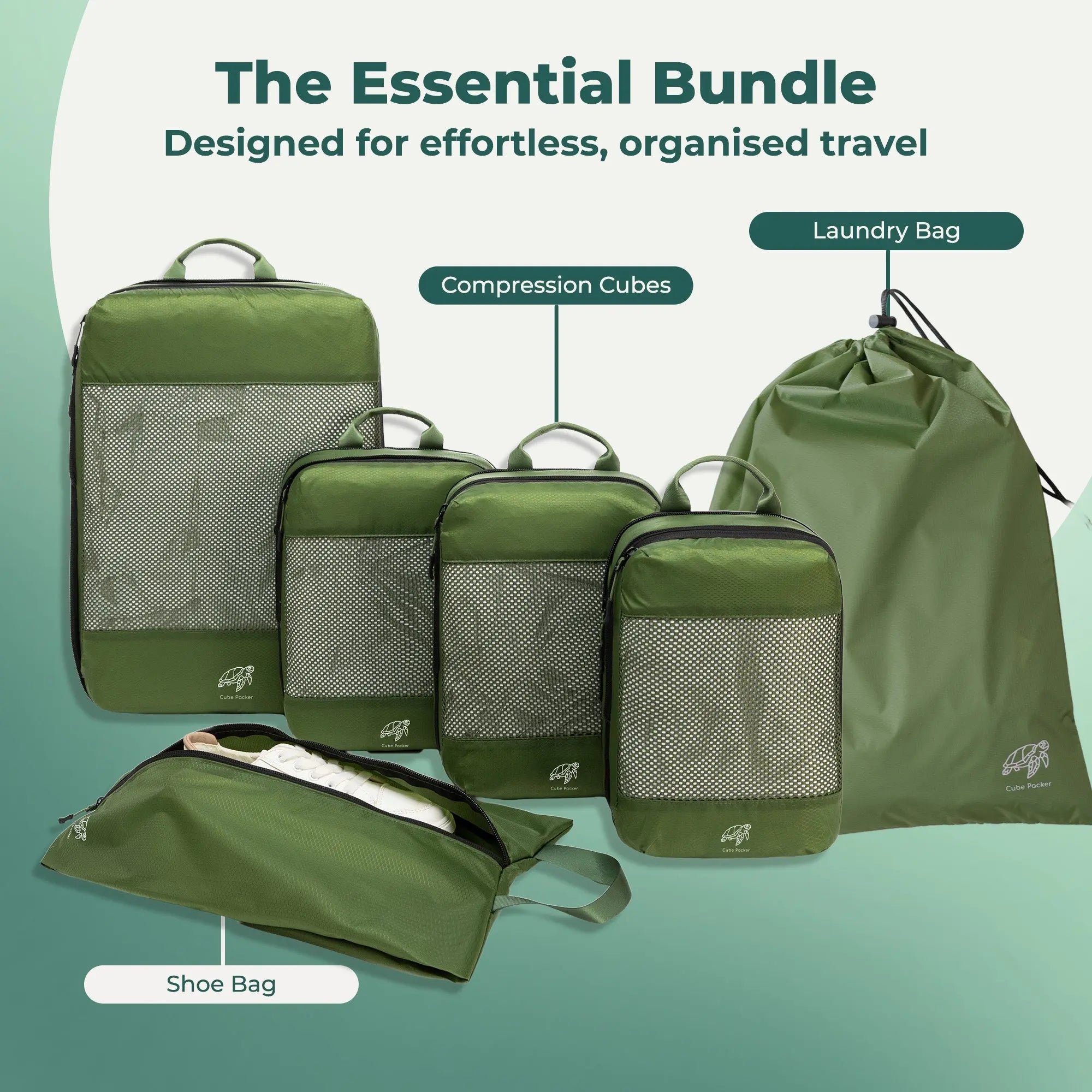 Cube Packer Essential Packing Cubes Bundle including compression packing cubes, shoe bag and laundry bag in green for organised travel