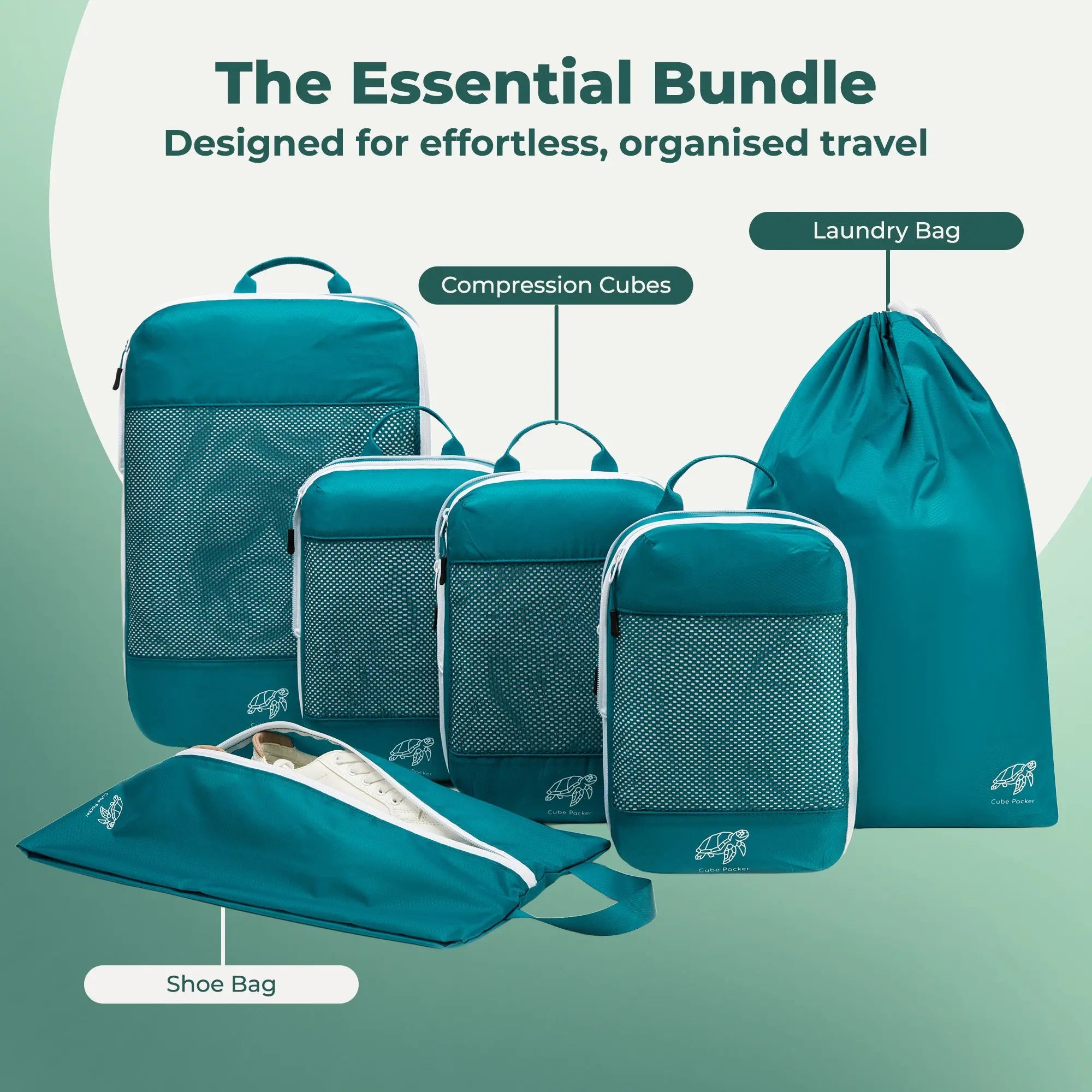Cube Packer Essential Packing Cubes Bundle including compression packing cubes, shoe bag and laundry bag in teal for organised travel