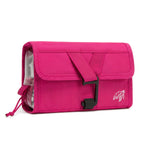 Flamingo Pink Cube Packer hanging toiletries bag rolled closed, three-quarter view showing compact travel size