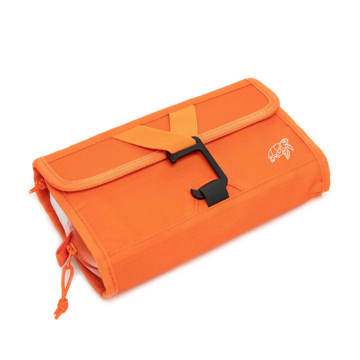 Nemo Orange roll-up wash bag folded flat and strapped, viewed from above at an angle