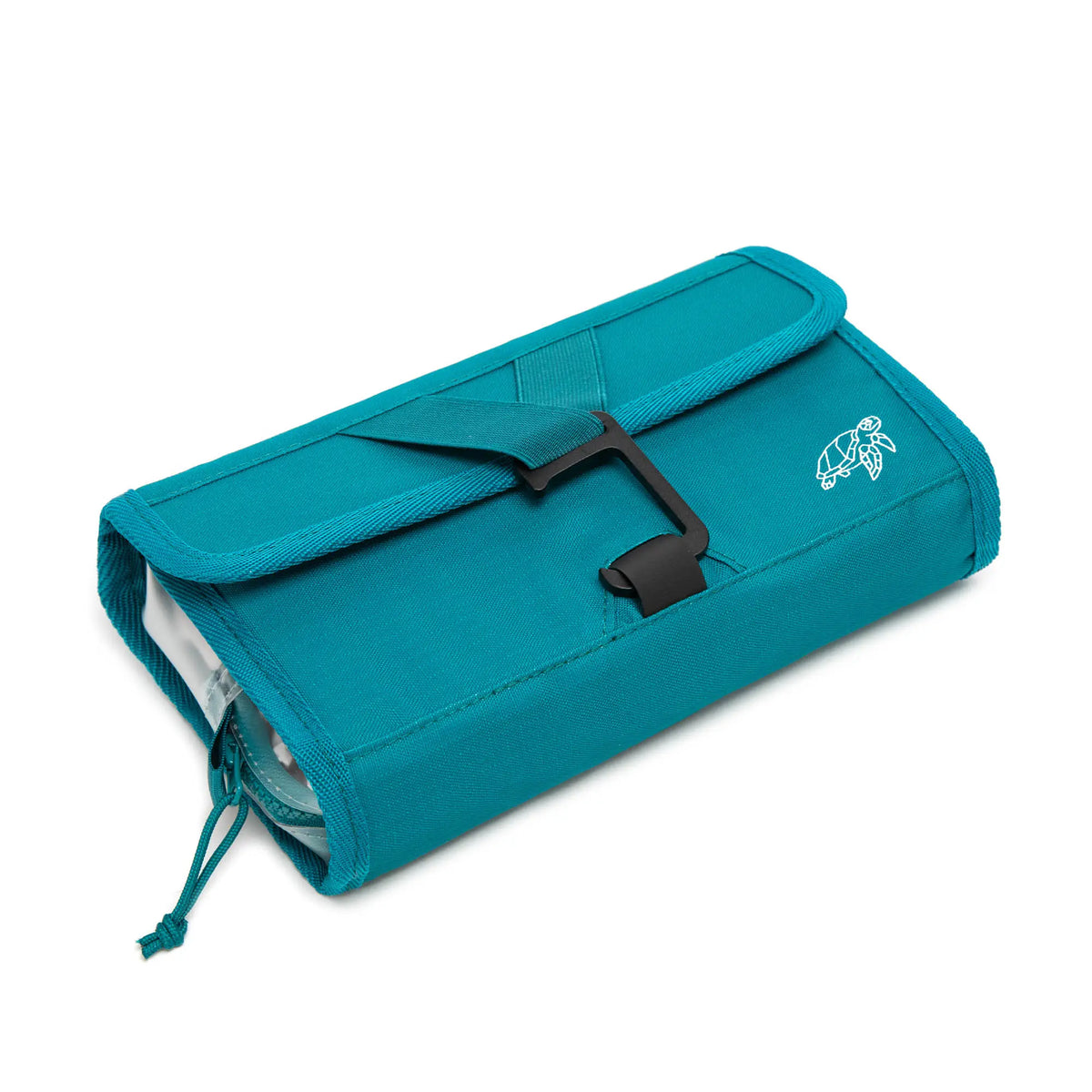 Reef Teal roll-up wash bag folded flat and strapped, viewed from above at an angle