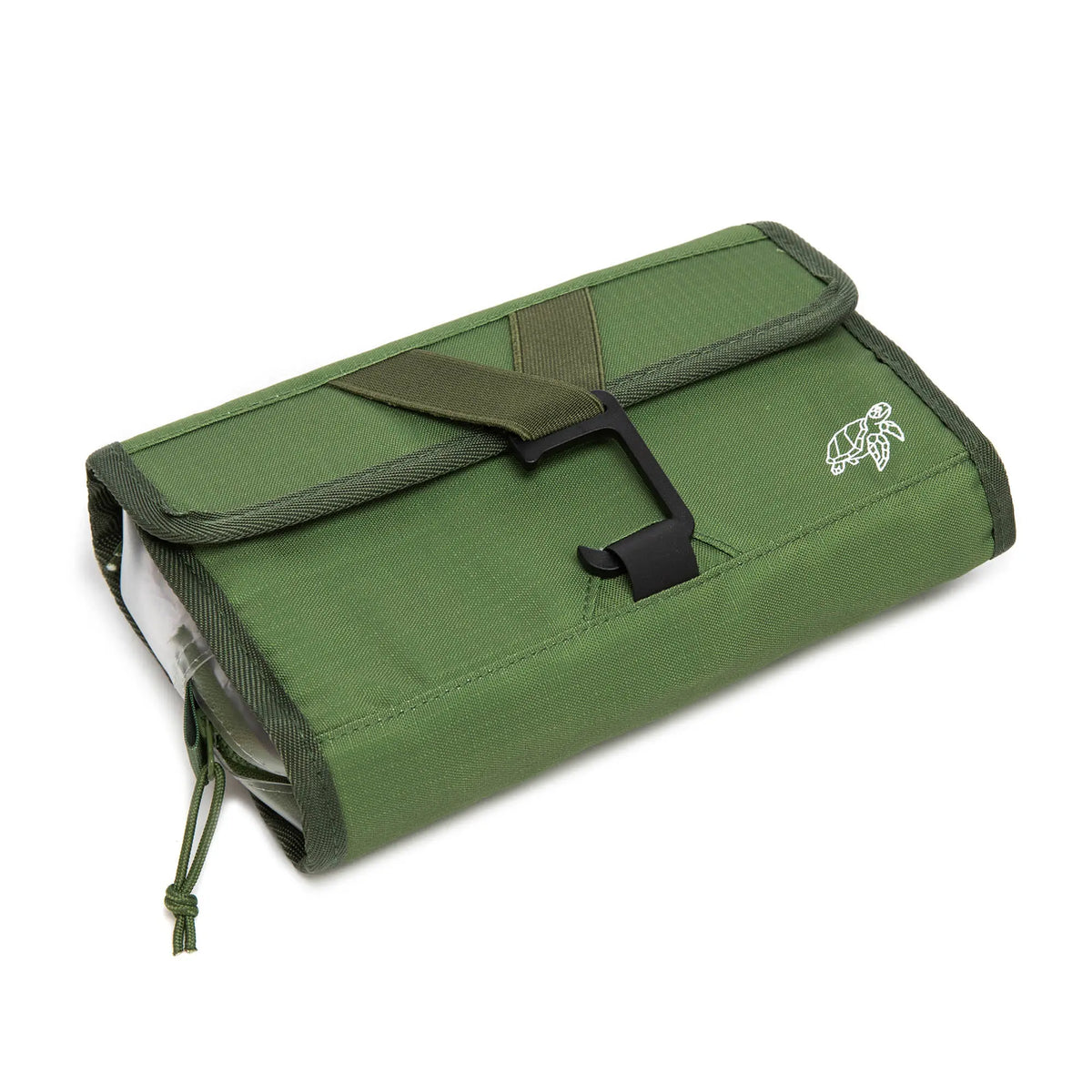 Shell Green roll-up wash bag folded flat and strapped, viewed from above at an angle