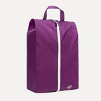 Cube Packer shoe bag in purple standing upright for clean and organised travel storage