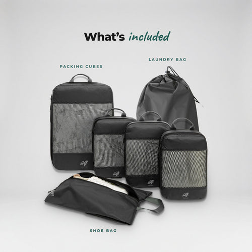 What is included in the Abyss Black Cube Packer Essential Packing Bundle: packing cubes, laundry bag and shoe bag