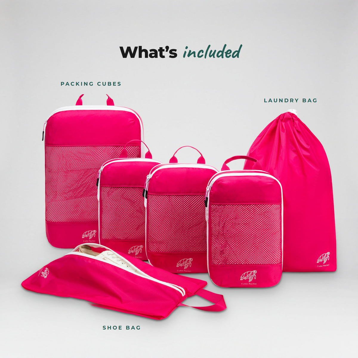 What is included in the Flamingo Pink Cube Packer Essential Packing Bundle: packing cubes, laundry bag and shoe bag