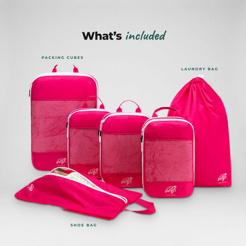 What is included in the Flamingo Pink Cube Packer Essential Packing Bundle: packing cubes, laundry bag and shoe bag