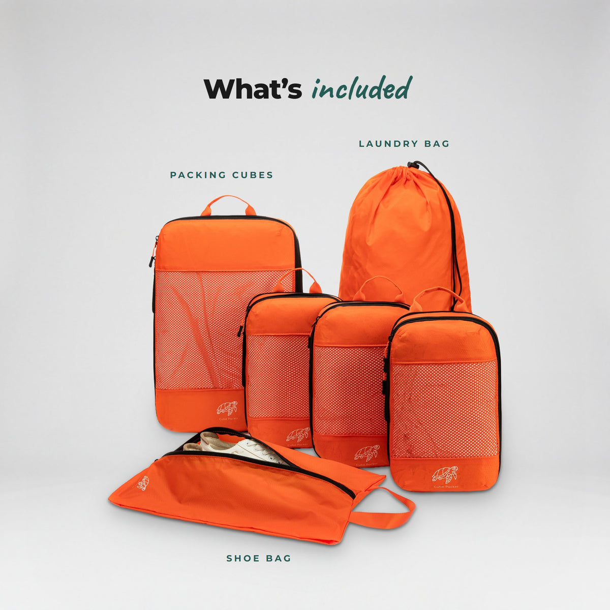 What is included in the Nemo Orange Cube Packer Essential Packing Bundle: packing cubes, laundry bag and shoe bag