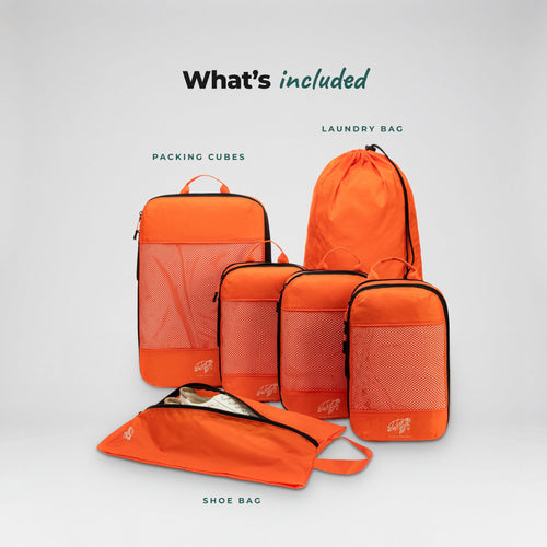 What is included in the Nemo Orange Cube Packer Essential Packing Bundle: packing cubes, laundry bag and shoe bag