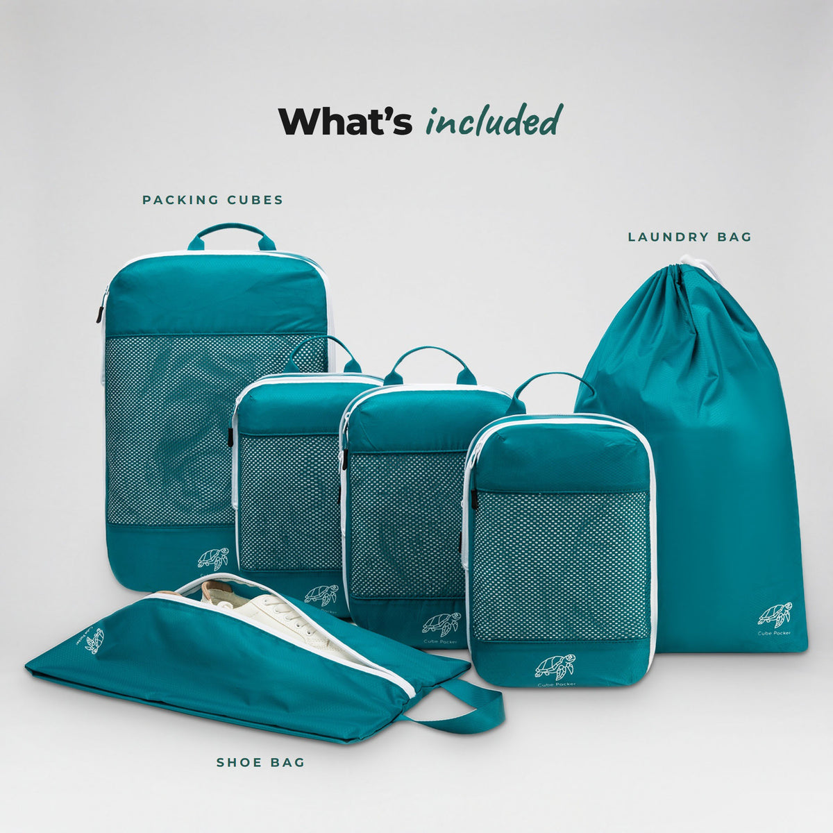 What is included in the Reef Teal Cube Packer Essential Packing Bundle: packing cubes, laundry bag and shoe bag