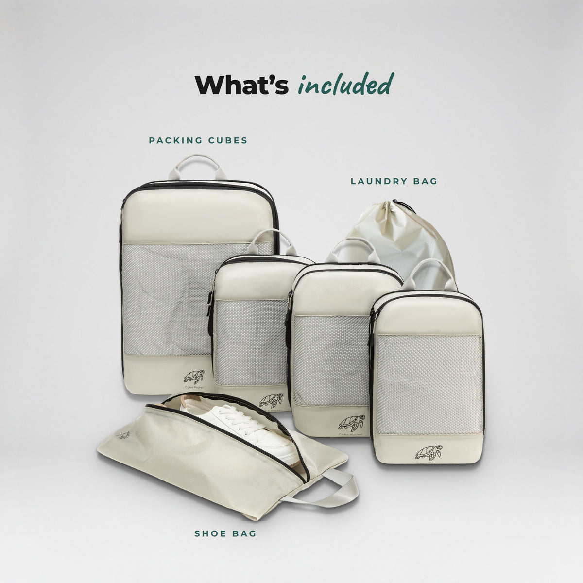 What is included in the Sand Cube Packer Essential Packing Bundle: packing cubes, laundry bag and shoe bag