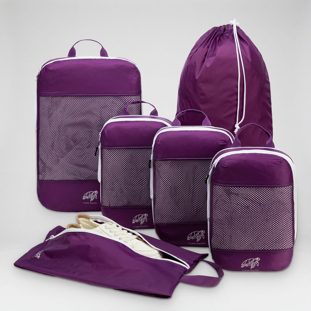 Cube Packer Essential Packing Bundle in Violet Reef: four compression packing cubes, laundry bag and shoe bag