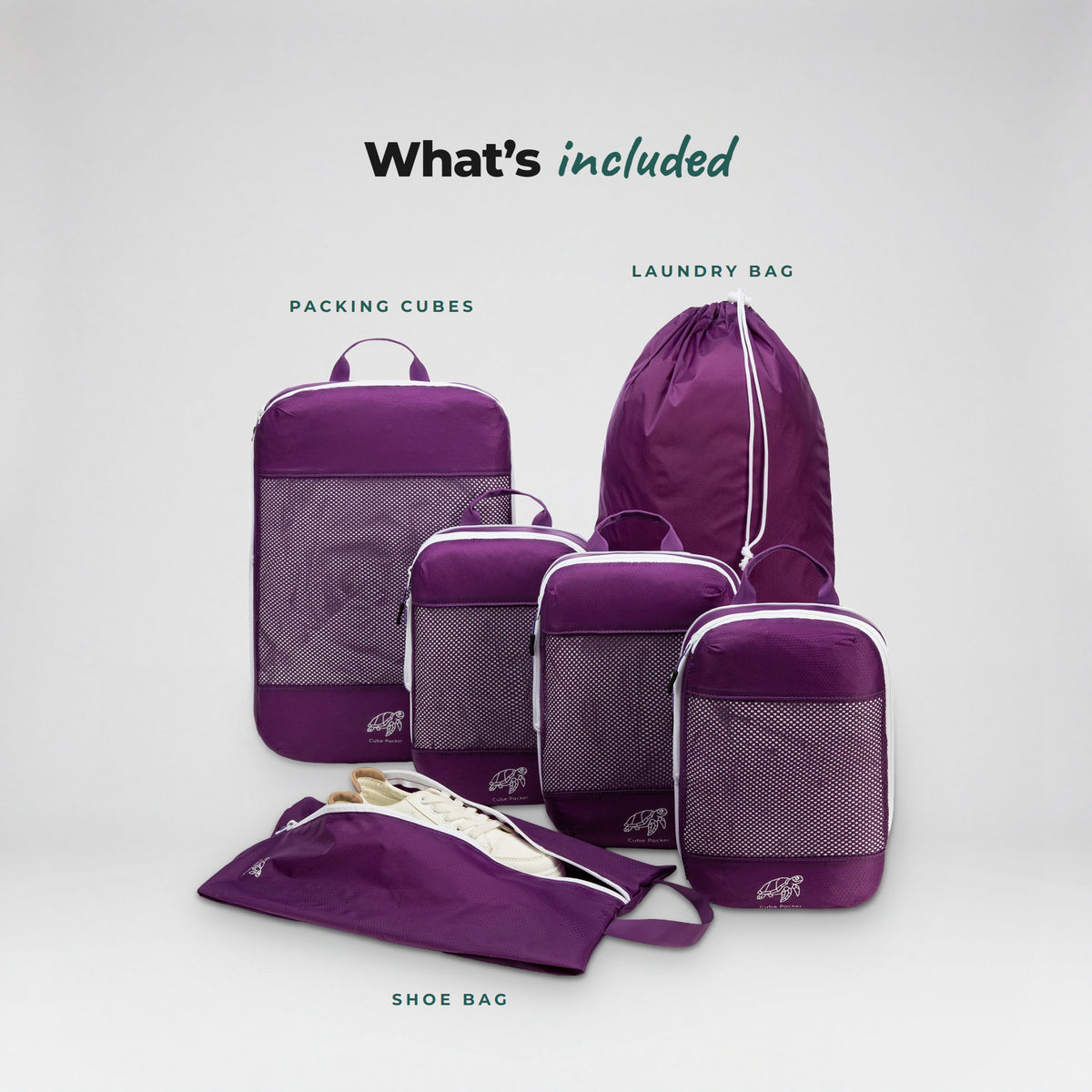 What is included in the Violet Reef Cube Packer Essential Packing Bundle: packing cubes, laundry bag and shoe bag