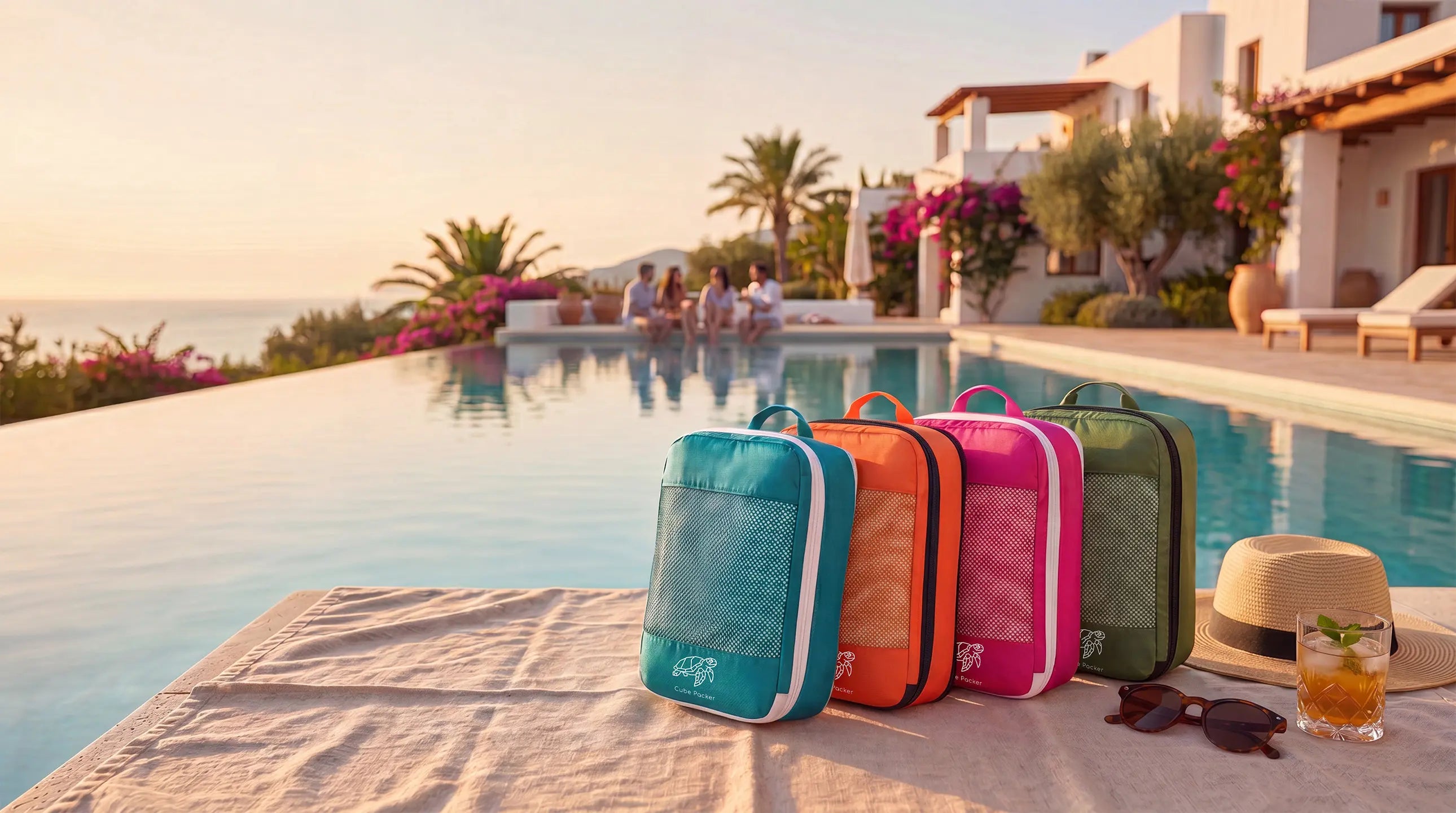 Set of four colourful Cube Packer compression packing cubes — teal, orange, pink and green — lined up by a villa pool at golden hour