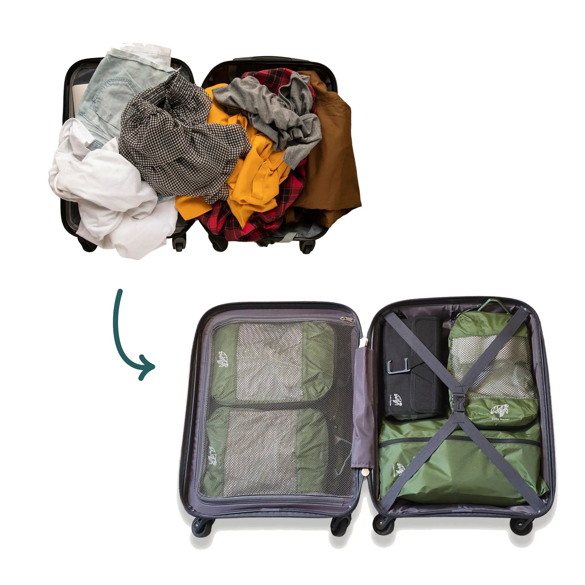 Before and after view of a suitcase showing messy packing compared to organised packing with packing cubes