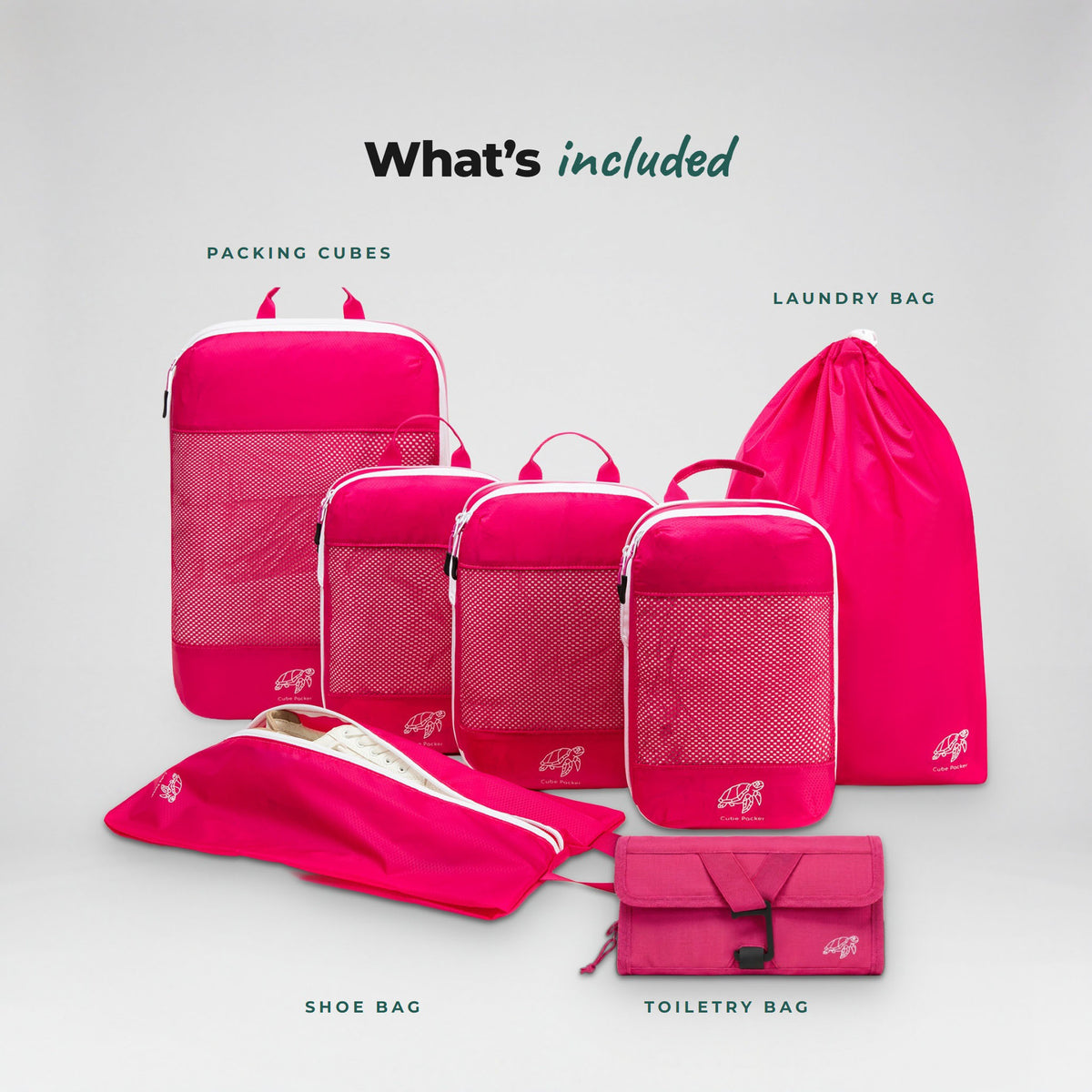 What is included in the Flamingo Pink Cube Packer Travel System Bundle: packing cubes, laundry bag, shoe bag and toiletry bag