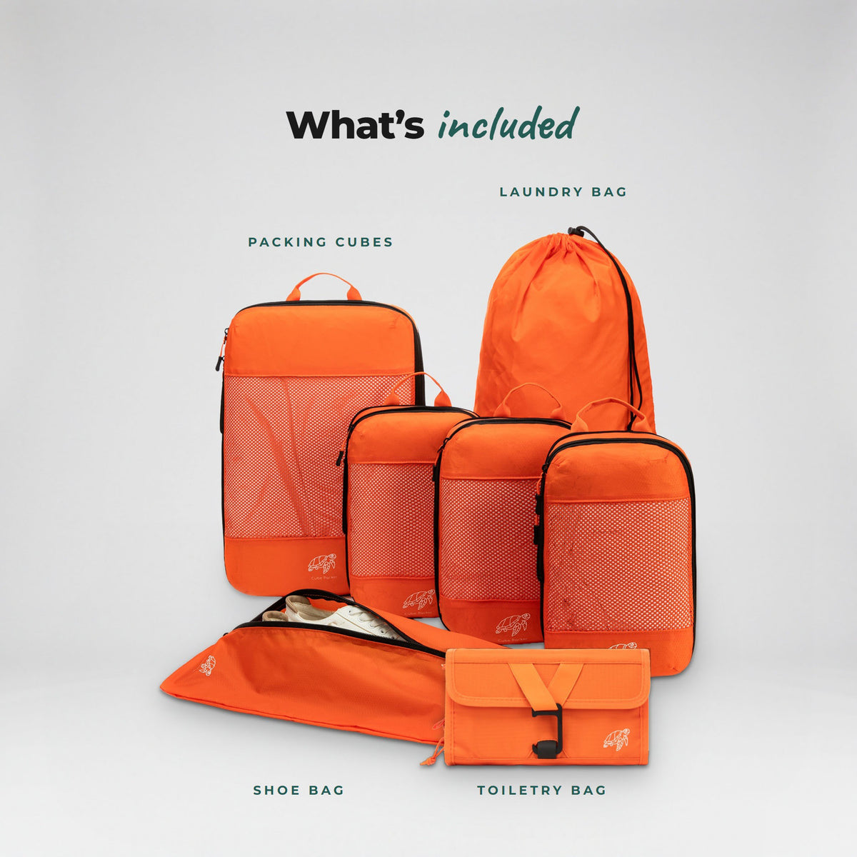 What is included in the Nemo Orange Cube Packer Travel System Bundle: packing cubes, laundry bag, shoe bag and toiletry bag