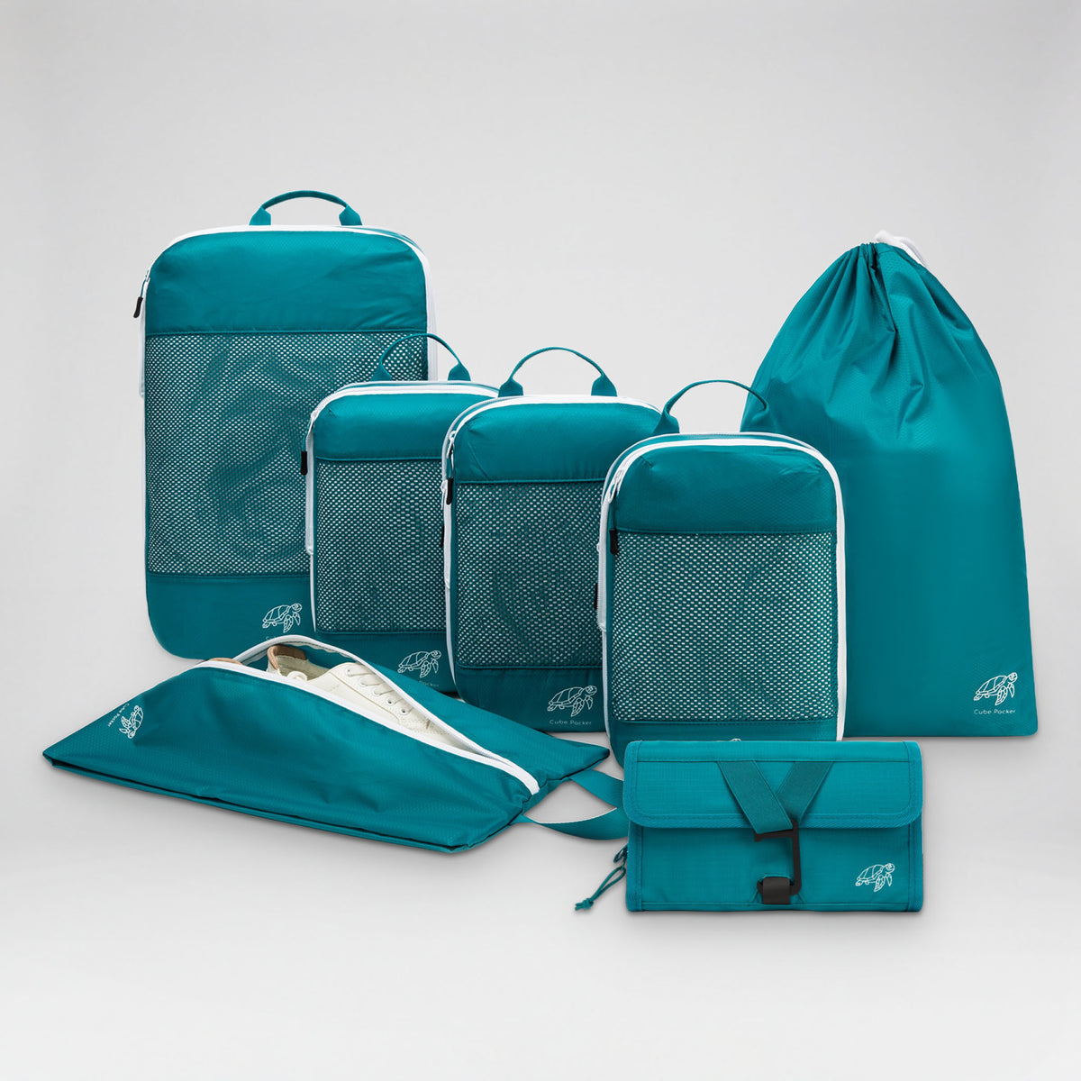 Cube Packer Travel System Bundle in Reef Teal: compression packing cubes, laundry bag, shoe bag and roll-up toiletry bag