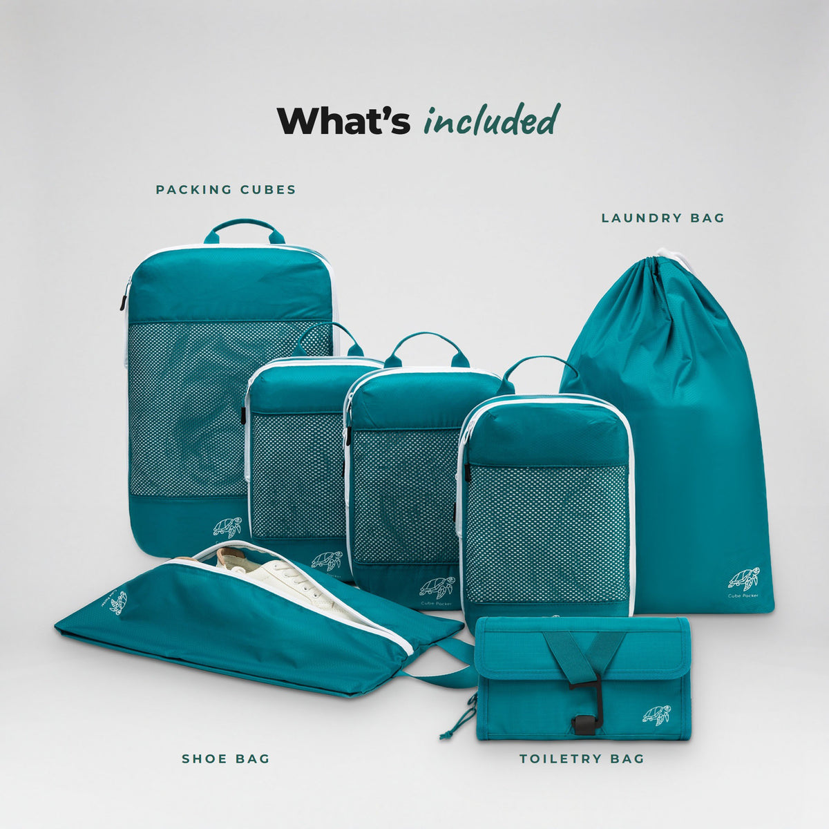 What is included in the Reef Teal Cube Packer Travel System Bundle: packing cubes, laundry bag, shoe bag and toiletry bag