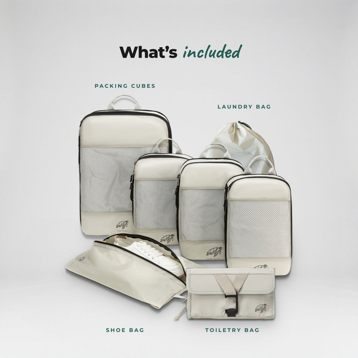 What is included in the Sand Cube Packer Travel System Bundle: packing cubes, laundry bag, shoe bag and toiletry bag