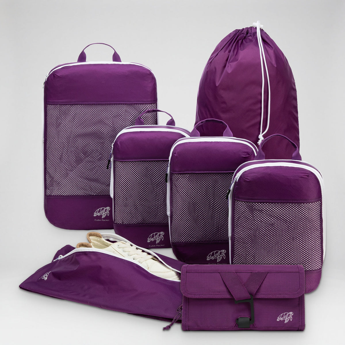 Cube Packer Travel System Bundle in Violet Reef: compression packing cubes, laundry bag, shoe bag and roll-up toiletry bag
