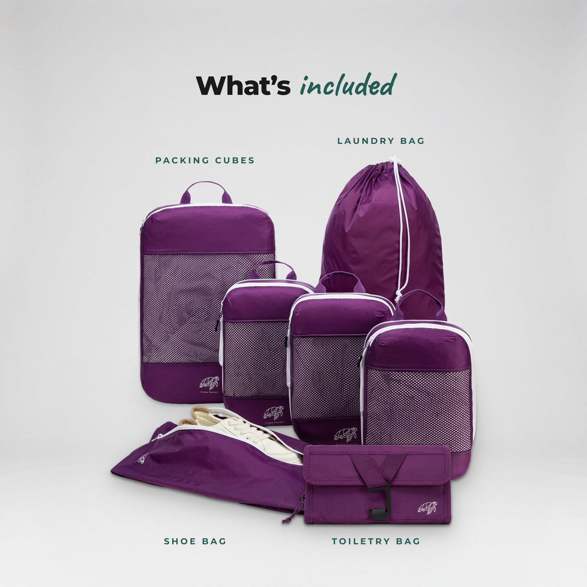 What is included in the Violet Reef Cube Packer Travel System Bundle: packing cubes, laundry bag, shoe bag and toiletry bag